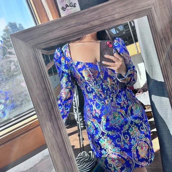 Lavish Alice: Jacquard Corset Embroidered Chinese Cobalt Wrap Mini Dress - Picture 1 of 13